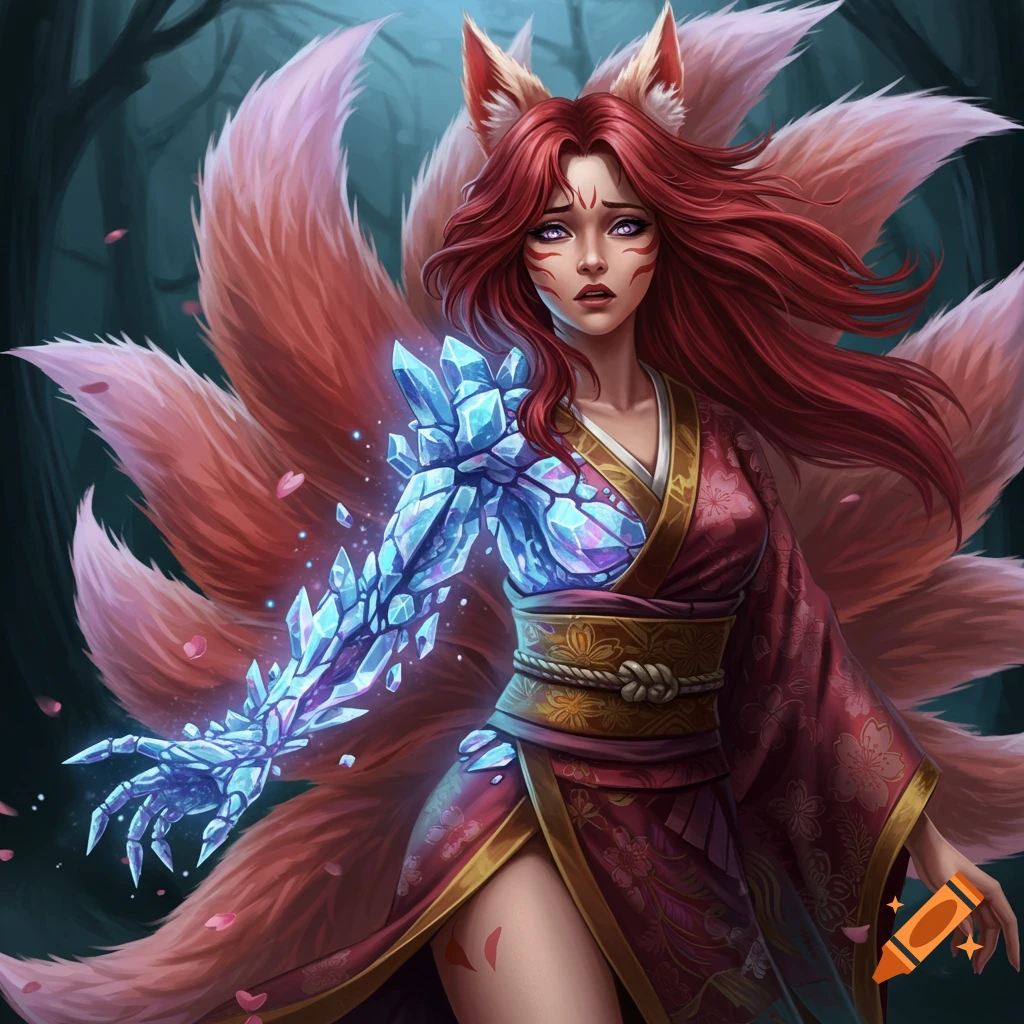 A Kitsune woman with a crystalline arm and multiple tails stands in a forest.