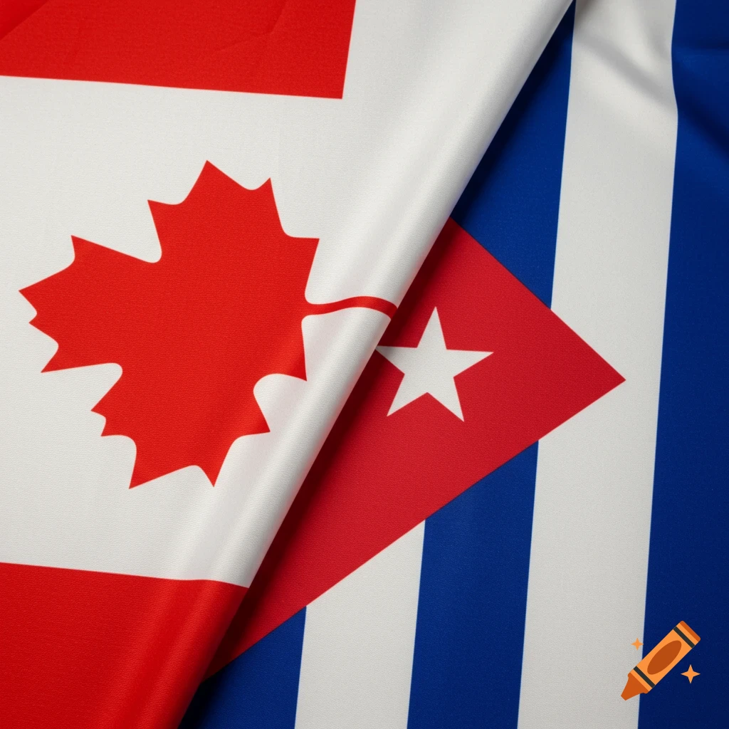 Close-up of the Canadian flag overlapping the Cuban flag.
