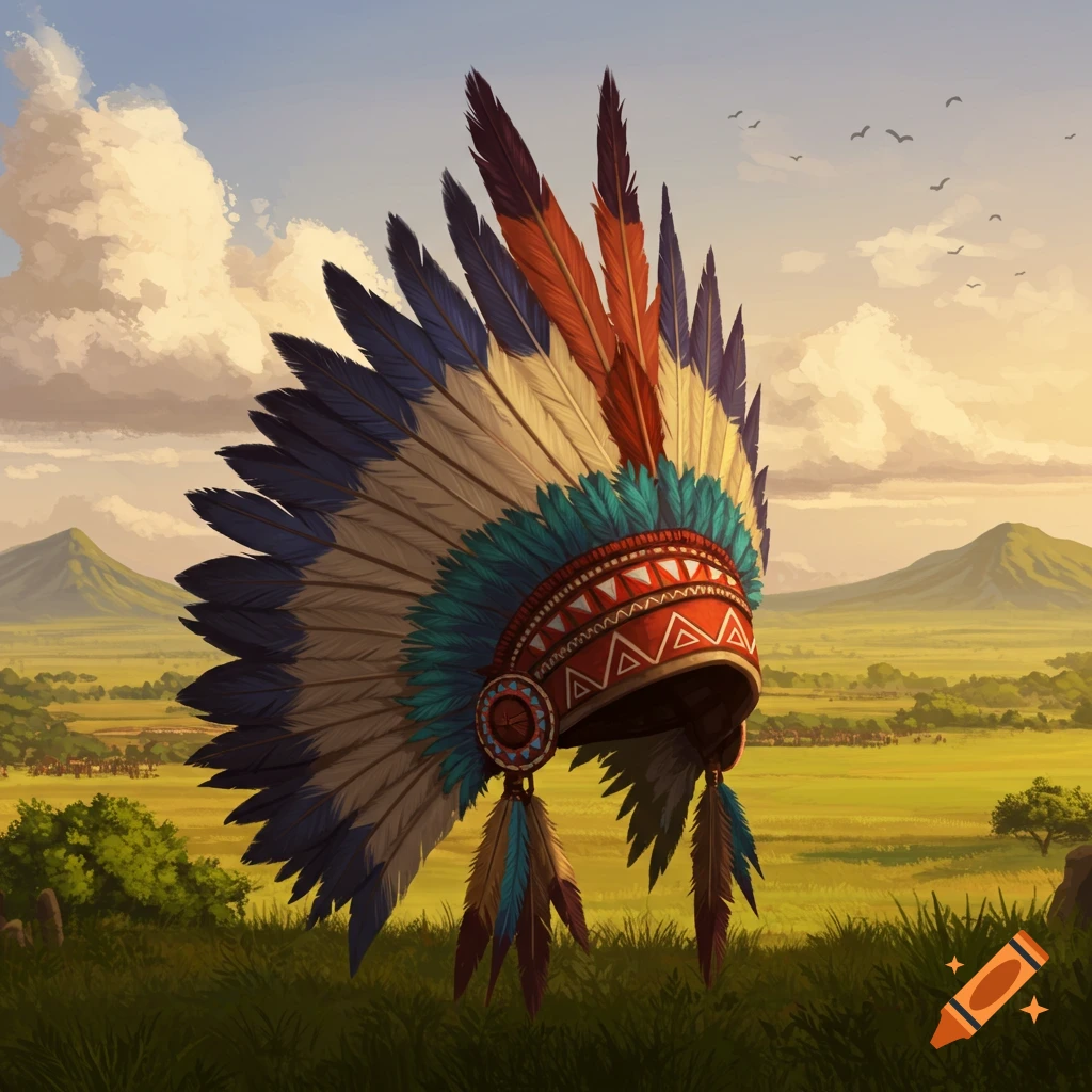 A feathered Native American war bonnet stands in a sunny grassland landscape with mountains in the distance.