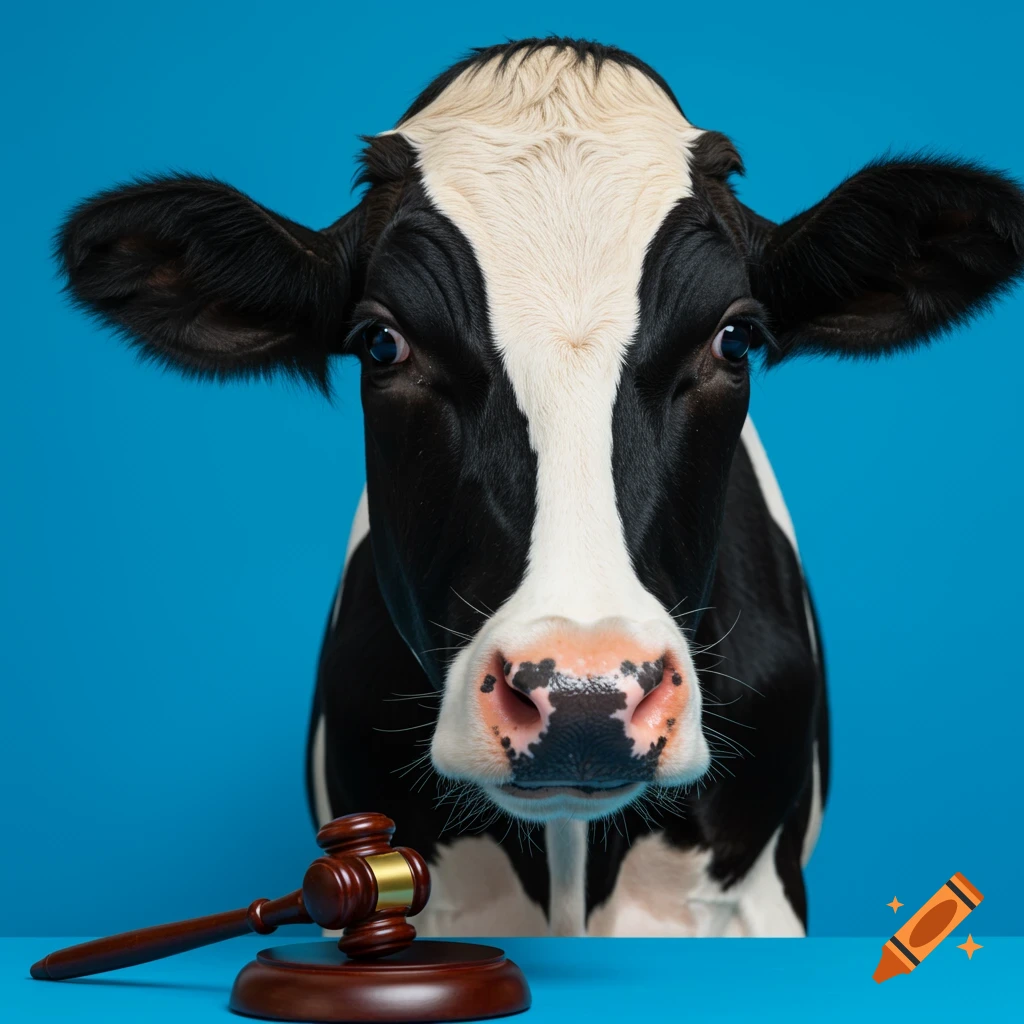A black and white Holstein cow looks towards a judge's gavel on a blue background.