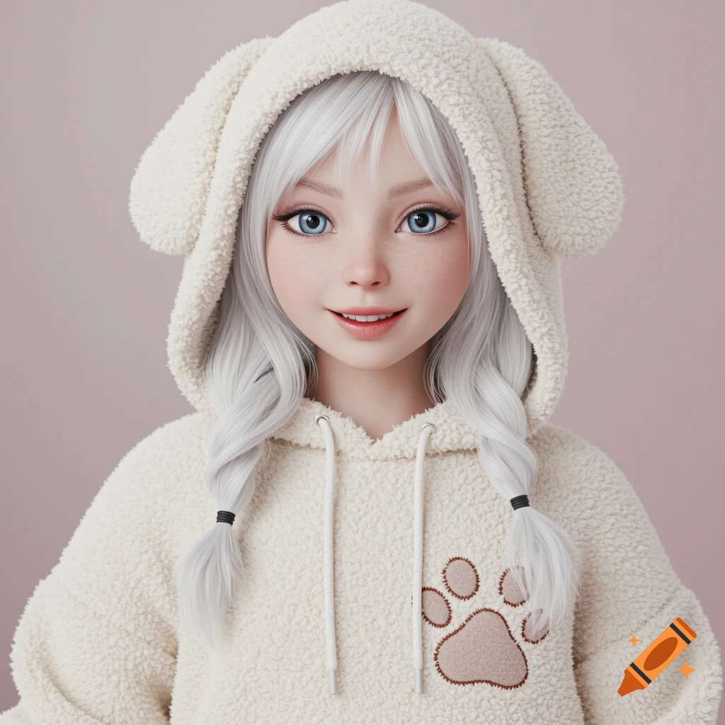 Doll-like girl with white braided hair in dog-ear hoodie with paw print.