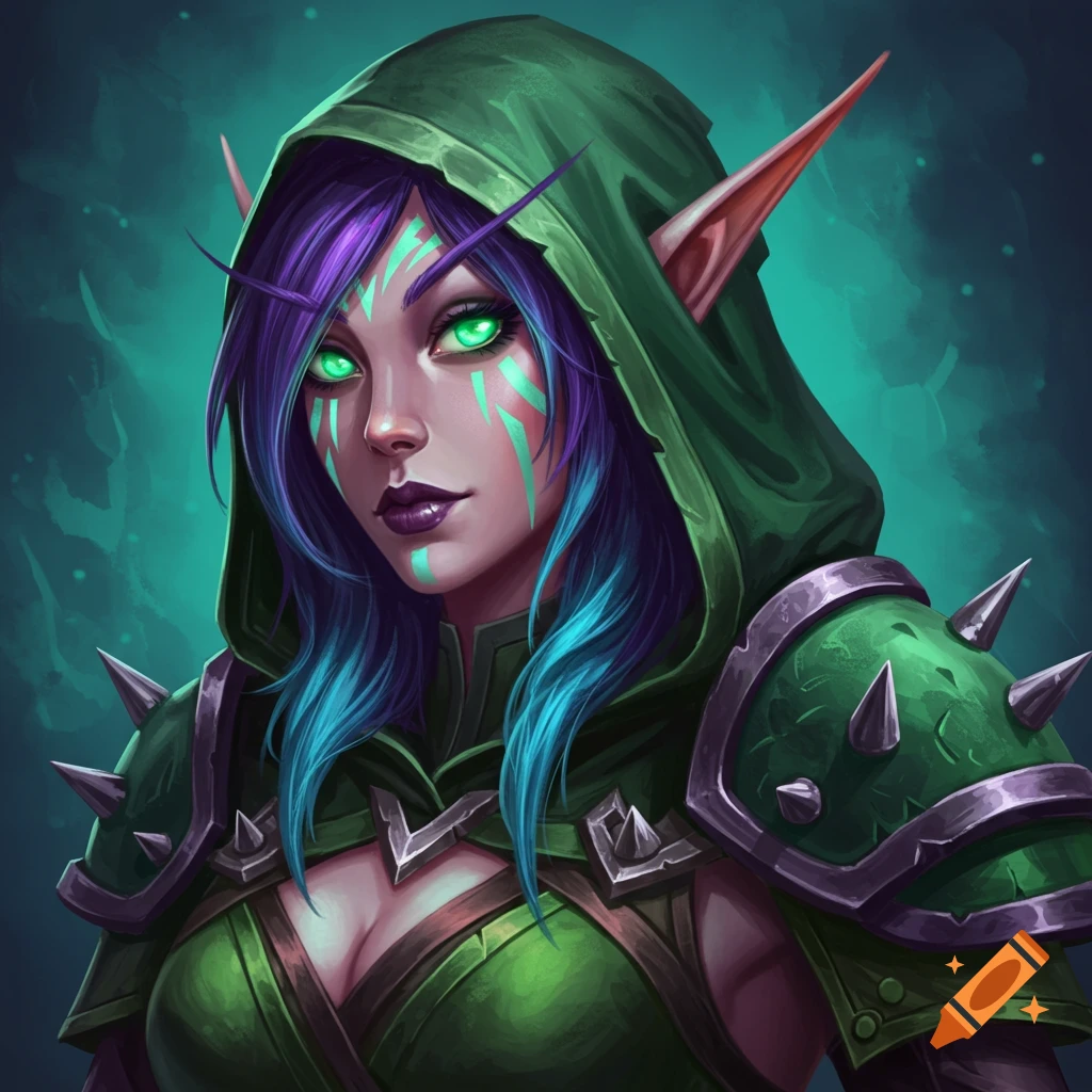 A female high elf rogue with green eyes, purple and blue hair, glowing face markings, green studded armor, and a hood.
