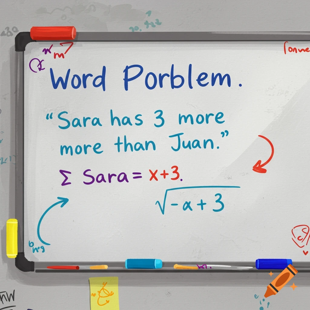 A whiteboard with a math word problem and equation written on it.