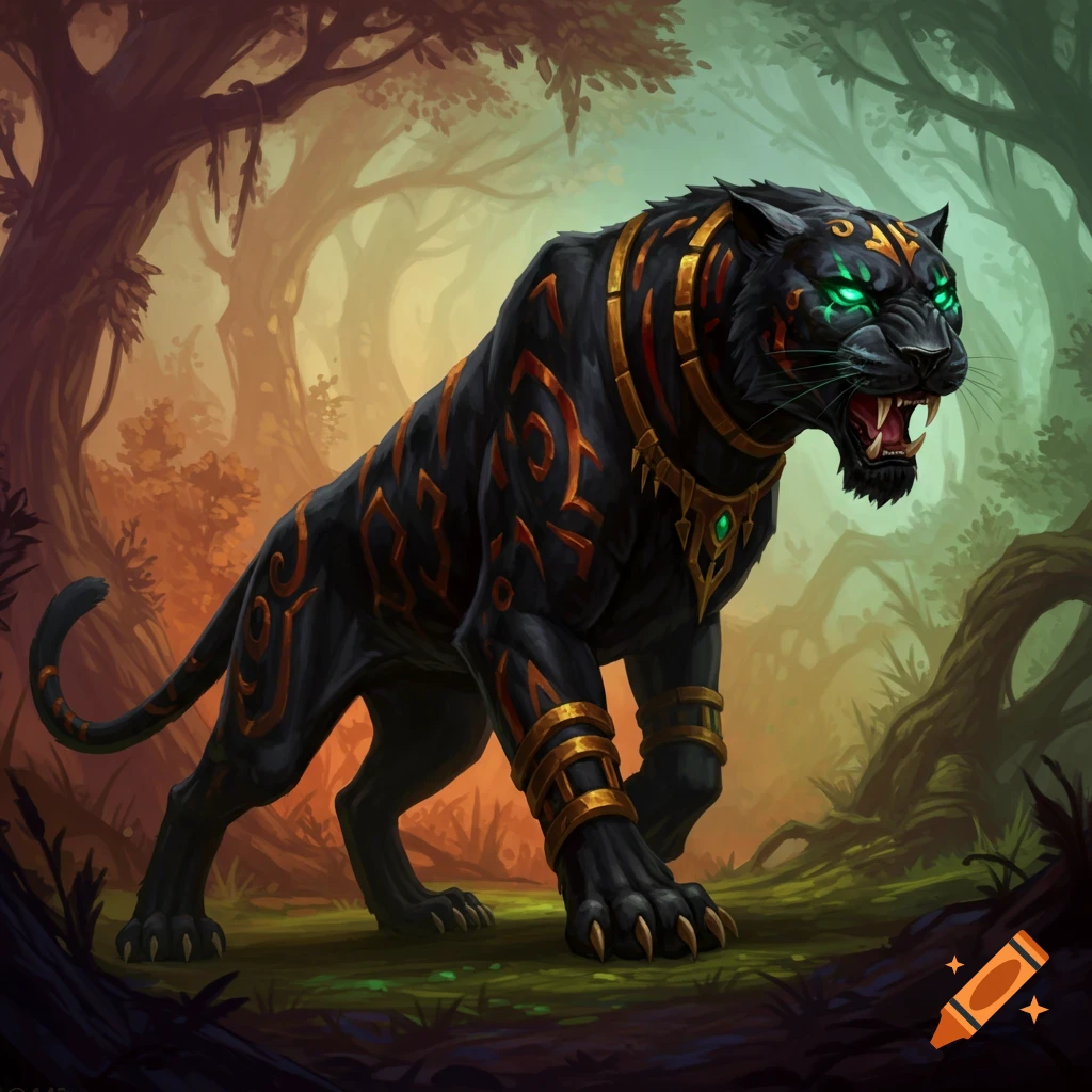 A black panther with gold markings and glowing green eyes stands in a forest