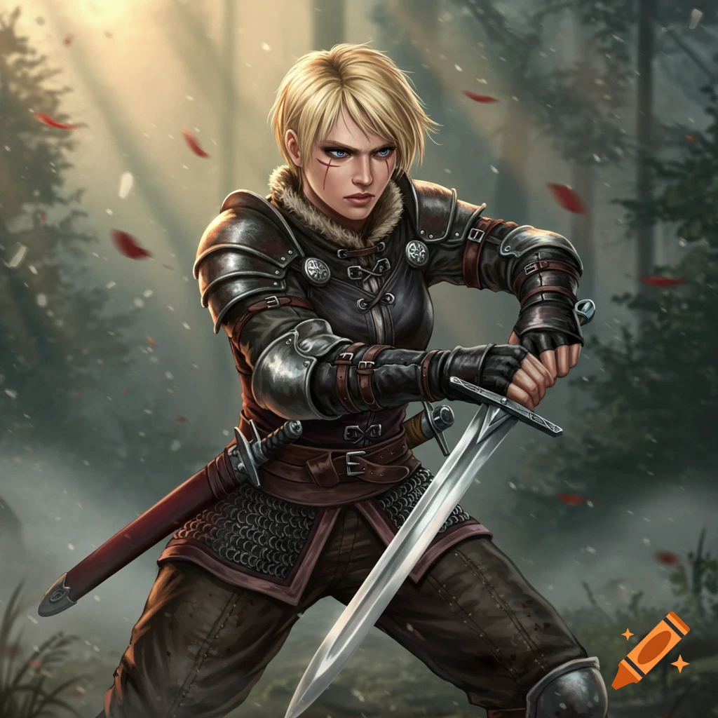 A blonde woman in fantasy armor holding a sword in a forest.