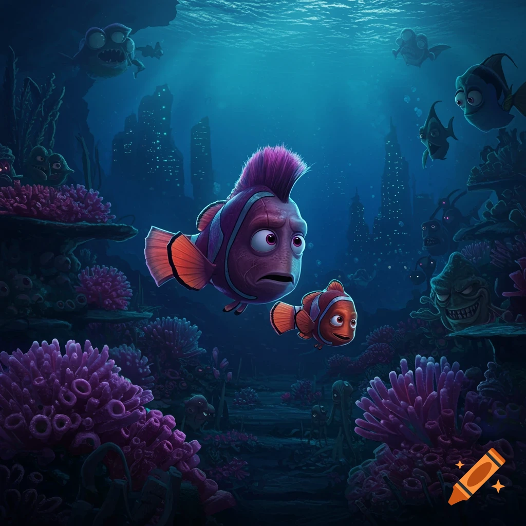 Two stylized fish swim through a dark fantasy underwater city among purple coral.