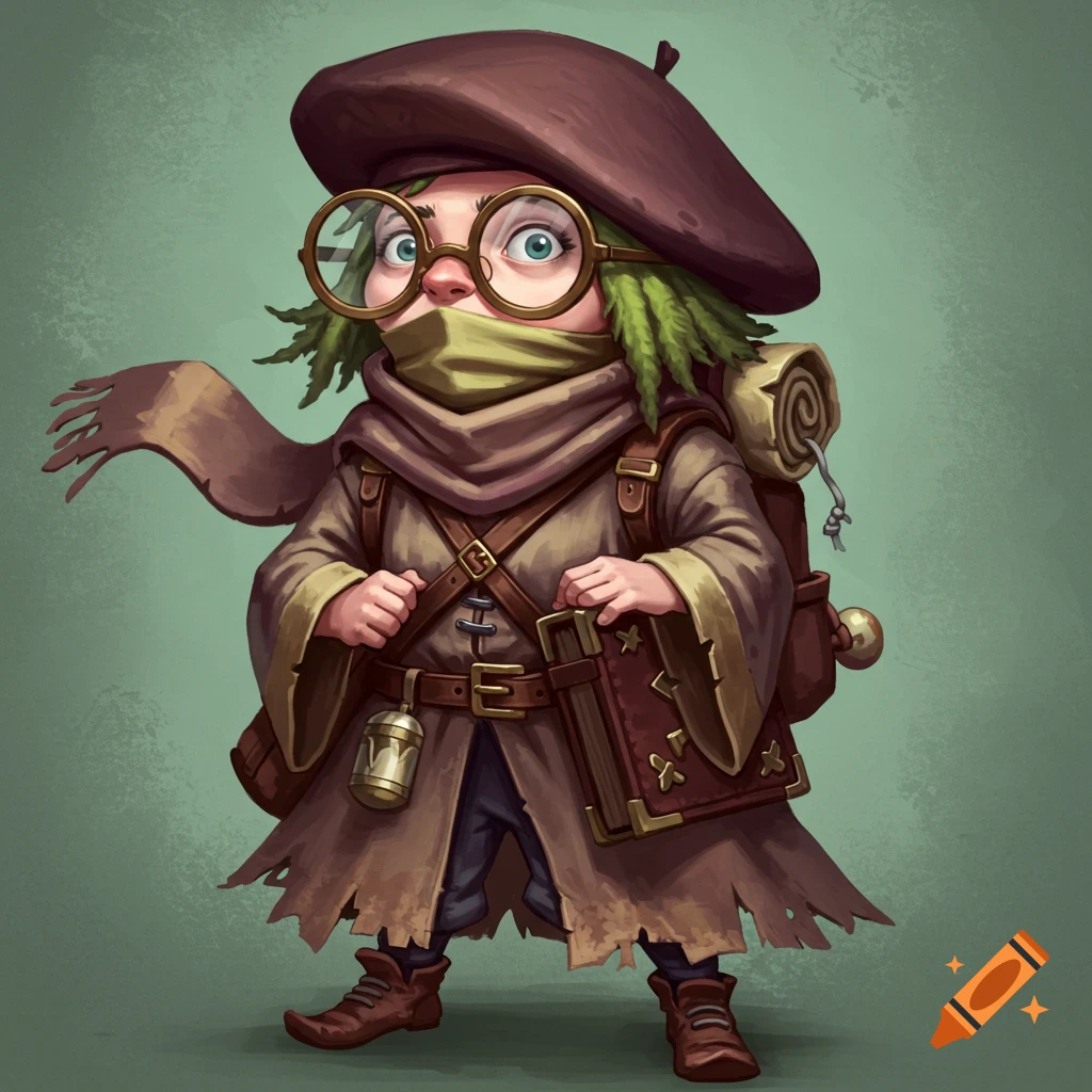 A small wizard with large glasses, beret, face scarf, green hair, robes, and a large book.