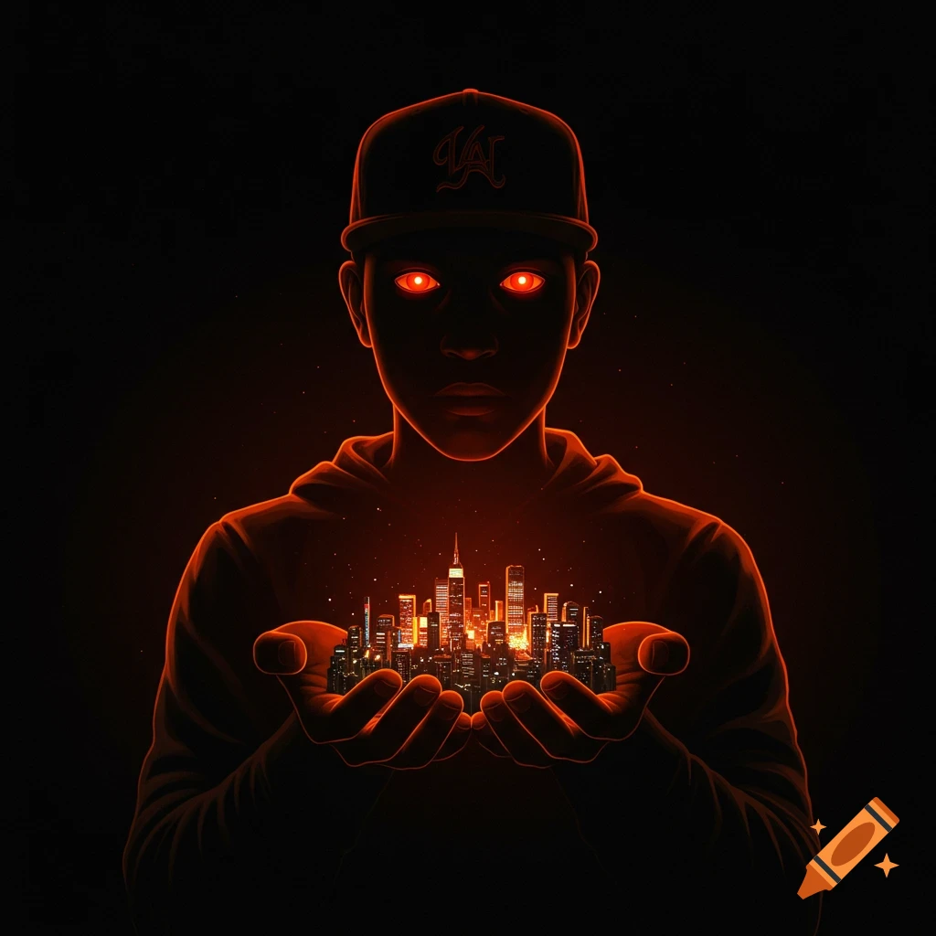 Silhouette figure in a hat with glowing red eyes, holding a miniature city glowing orange in their hands.