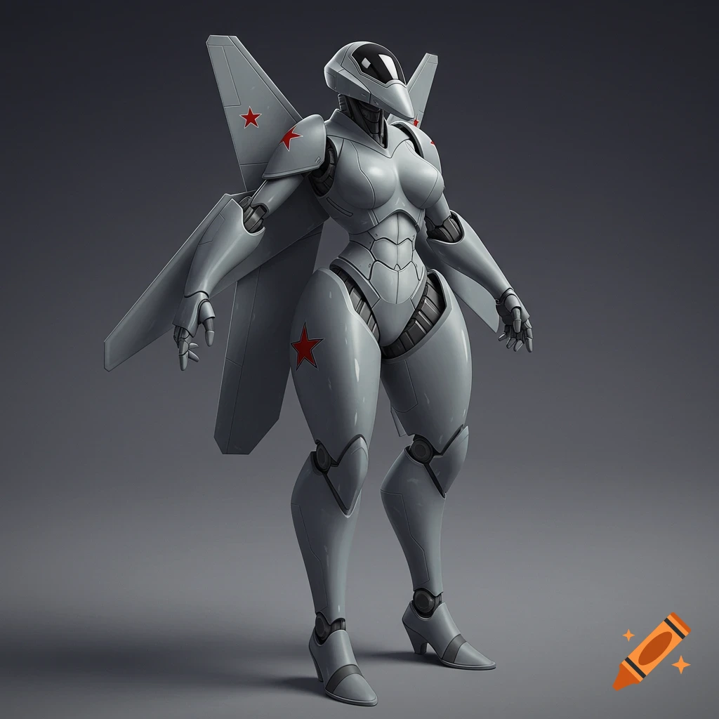 3D illustration of a gray anthropomorphic robot character with jet wings and red stars