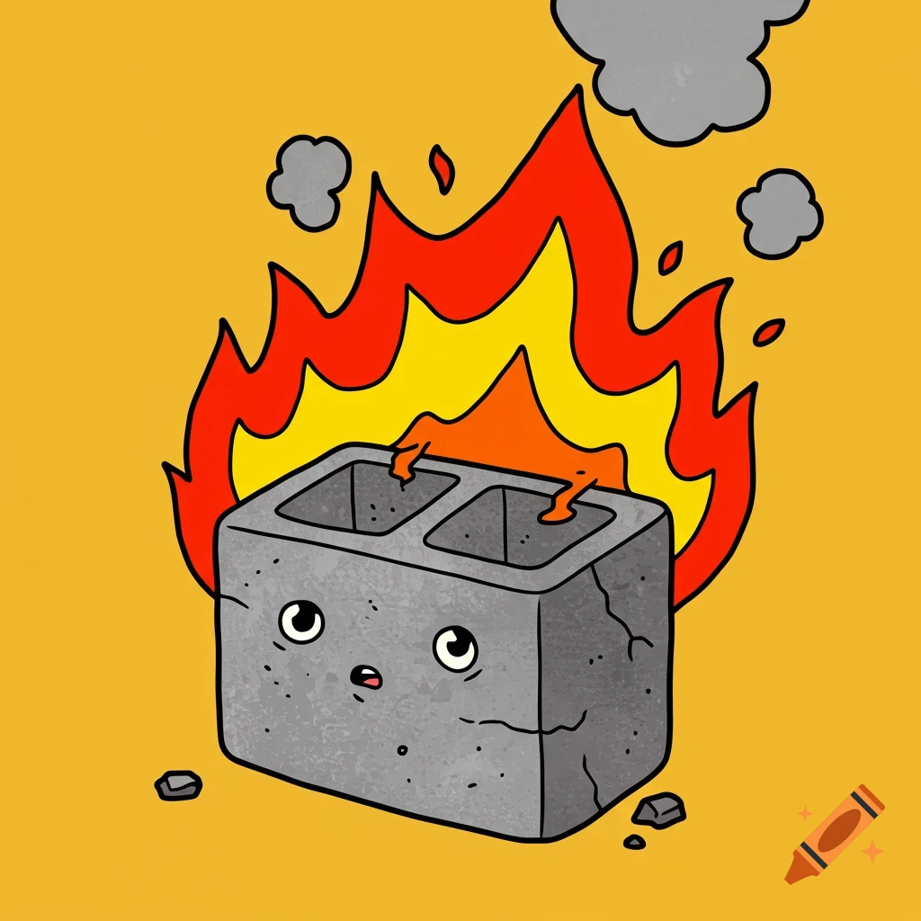 A cartoon cinderblock on fire against a yellow background.