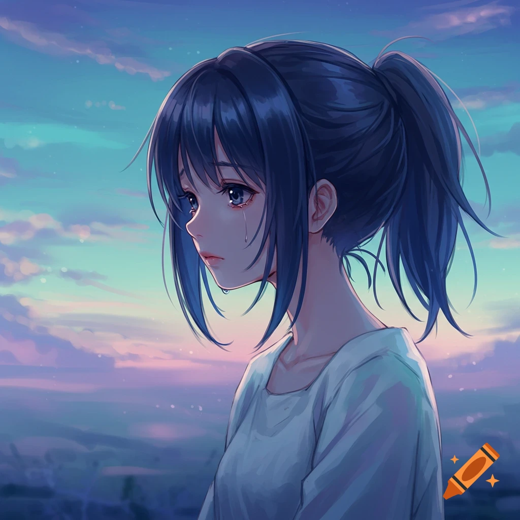 A crying anime girl with blue hair in a ponytail looking at a sunset sky.