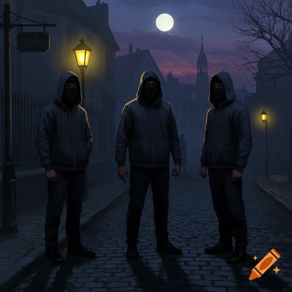 Three hooded and masked figures stand on a cobblestone street at night under a full moon.