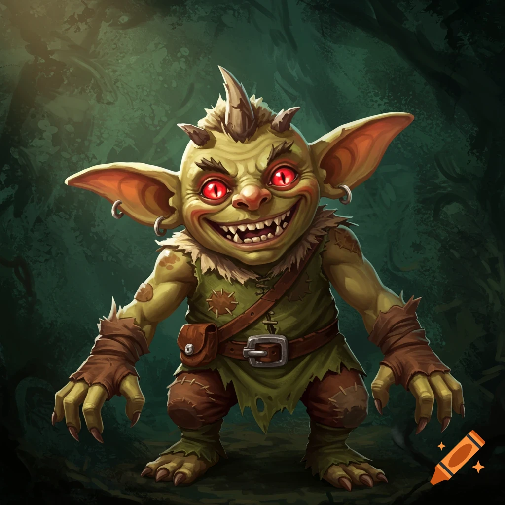 A stylized image of a goblin with red eyes and sharp teeth.