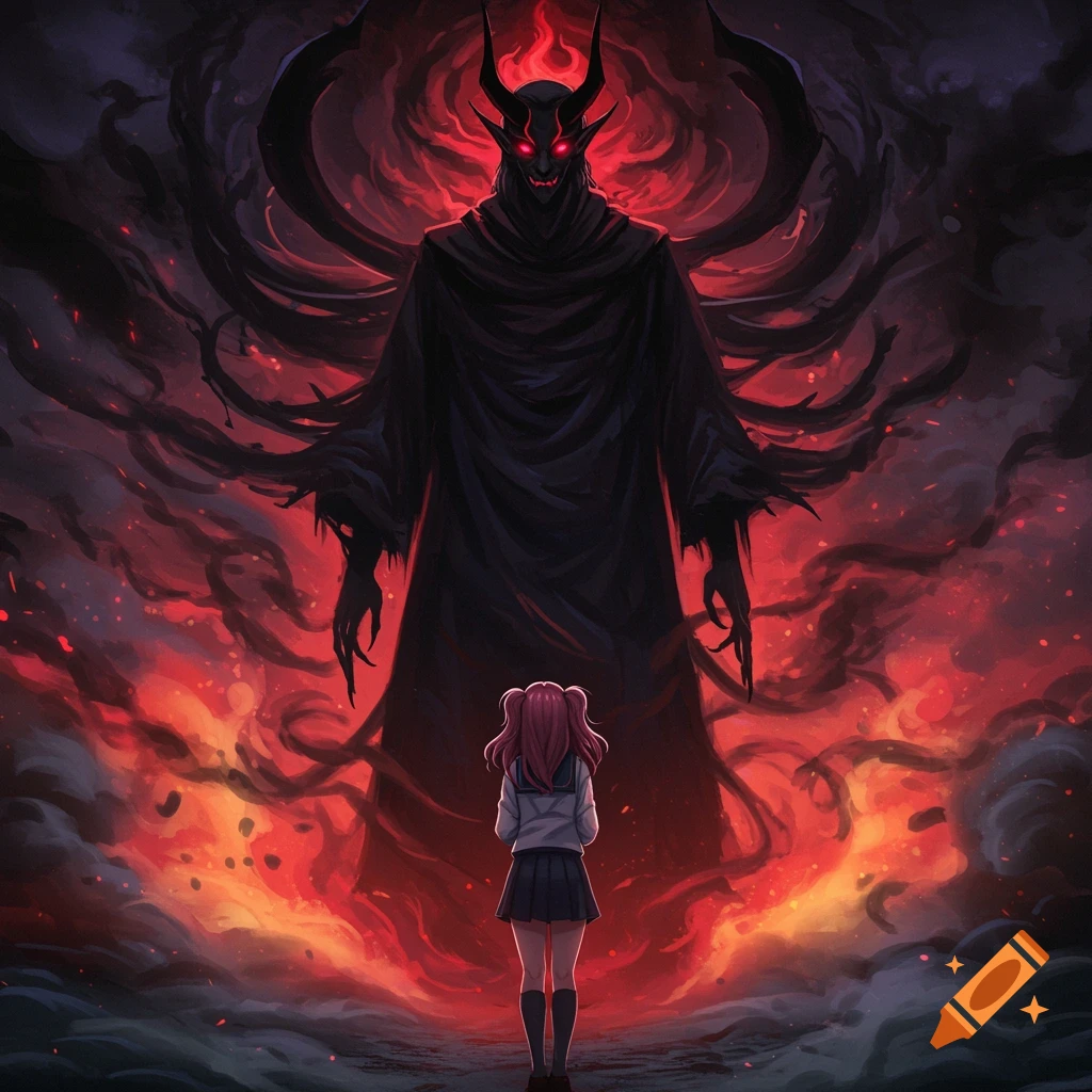 Anime style illustration of a small girl facing a large, towering demon figure in a fiery, smoky abyss.