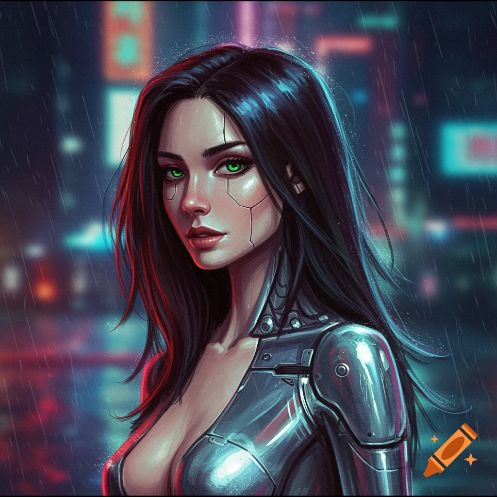 Cyberpunk digital portrait of a woman with green eyes and metallic body parts in a rainy city.
