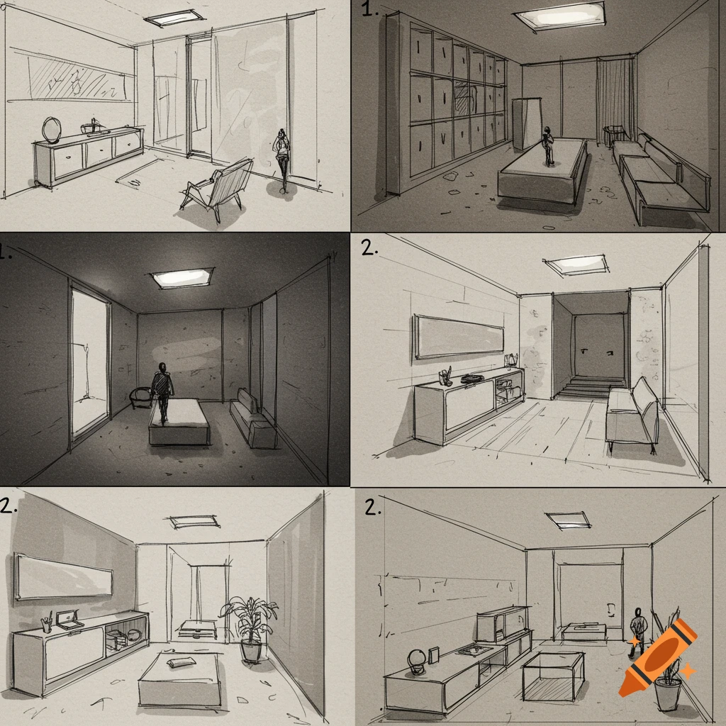Six hand-drawn sketches showing different interior room designs.