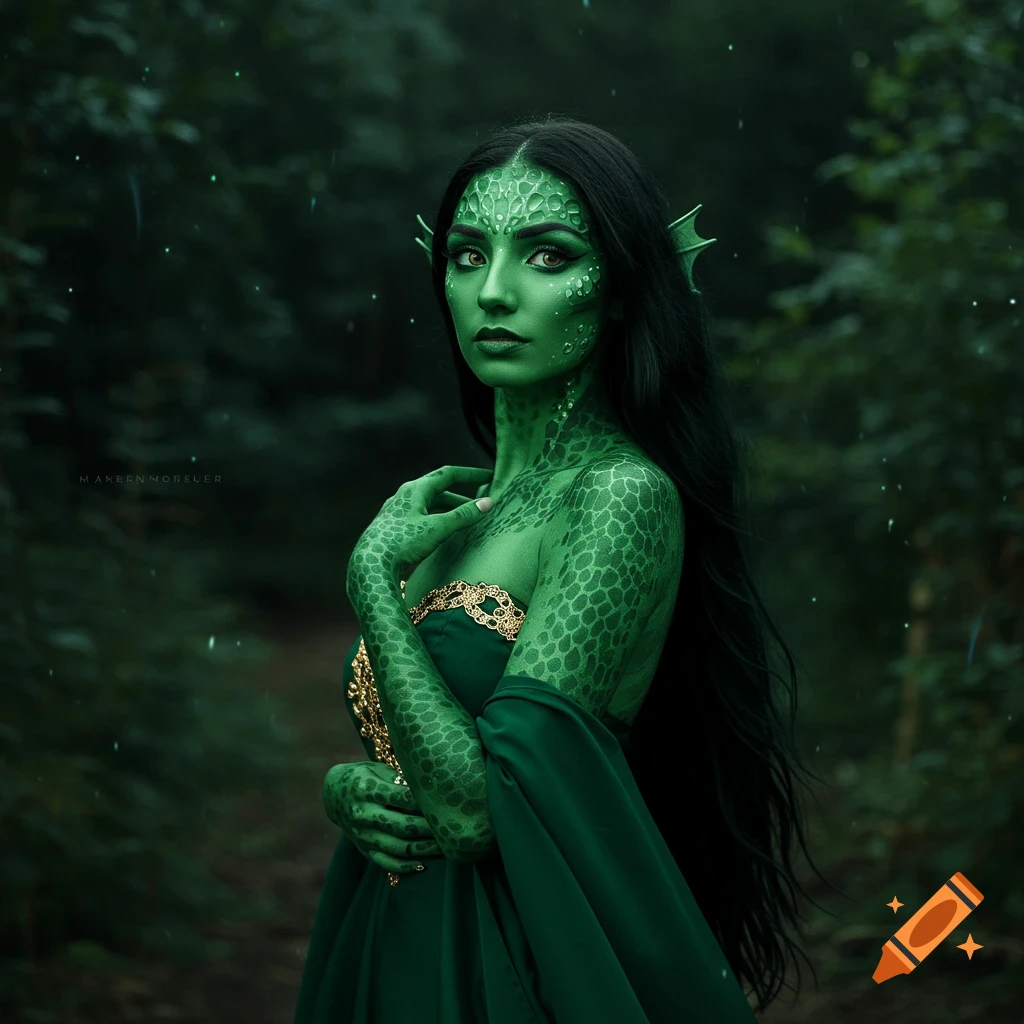 A photorealistic portrait of a woman with green scaly skin and pointy ears in a green dress, standing in a forest.