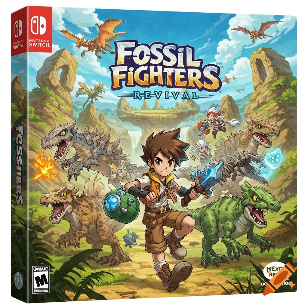 Anime style video game box art featuring a boy with a sword fighting dinosaurs and fossil creatures in a jungle landscape.