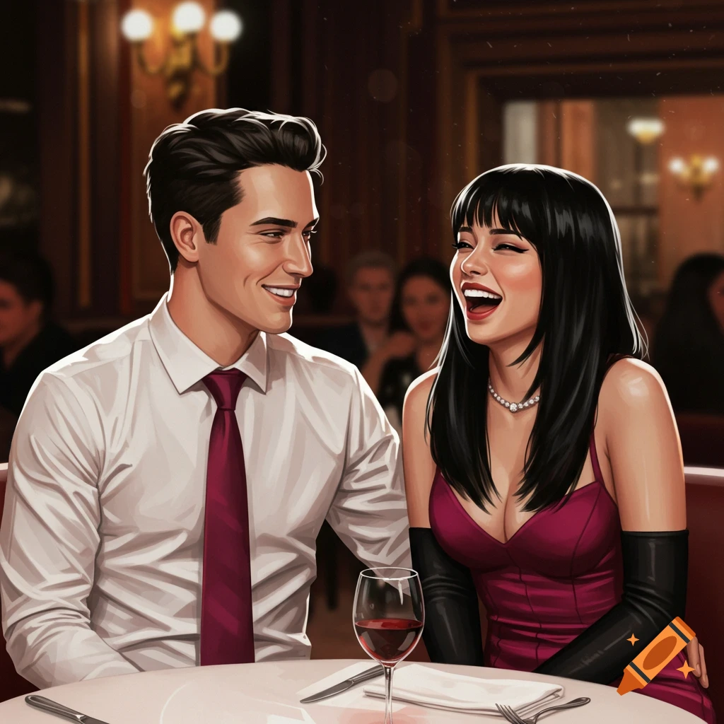 A couple laughing at a table in a fancy restaurant.
