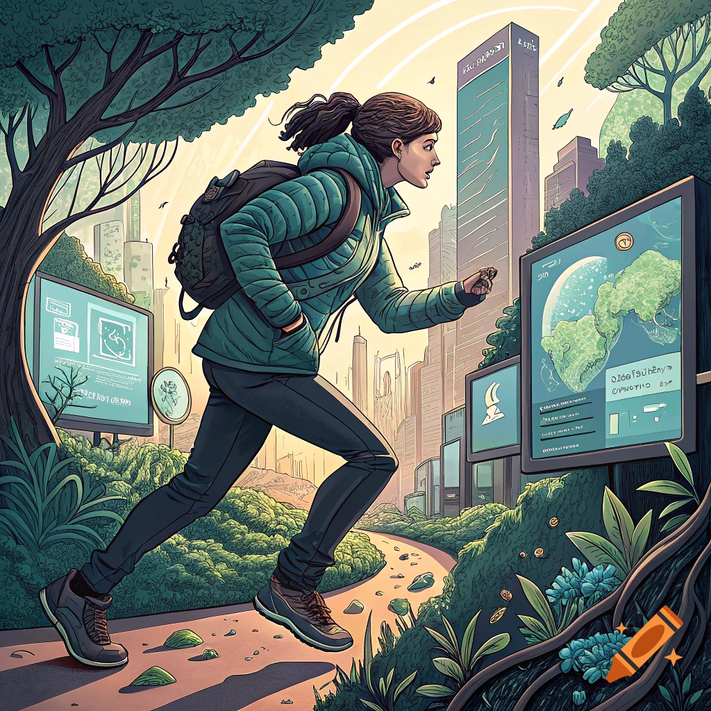Illustration of a woman running on a park path past futuristic screens in a city.