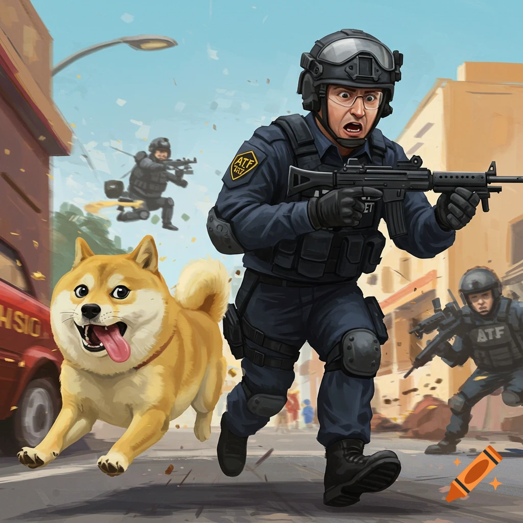 A Shiba Inu dog runs next to an ATF agent holding a rifle, with other agents in the background.