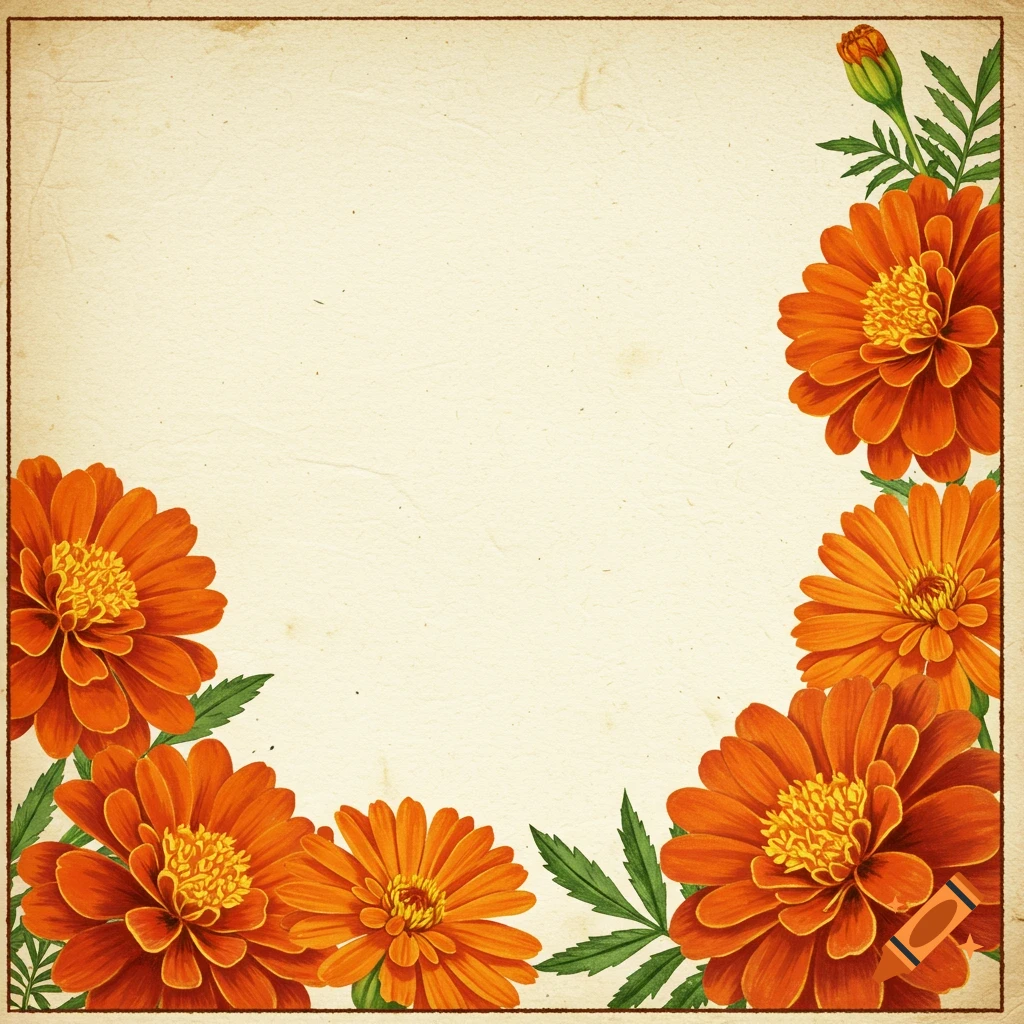 Marigold flower border on vintage paper background
