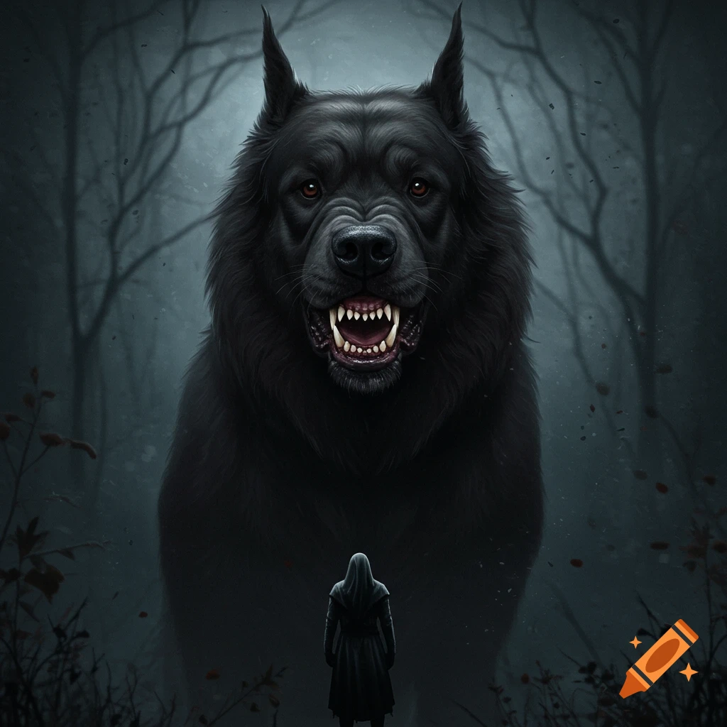 A giant black dog with glowing eyes and bared teeth towers over a person in a hooded robe in a dark forest.
