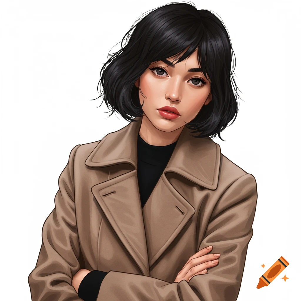 Portrait illustration of a woman with short black hair and a trench coat, arms crossed.