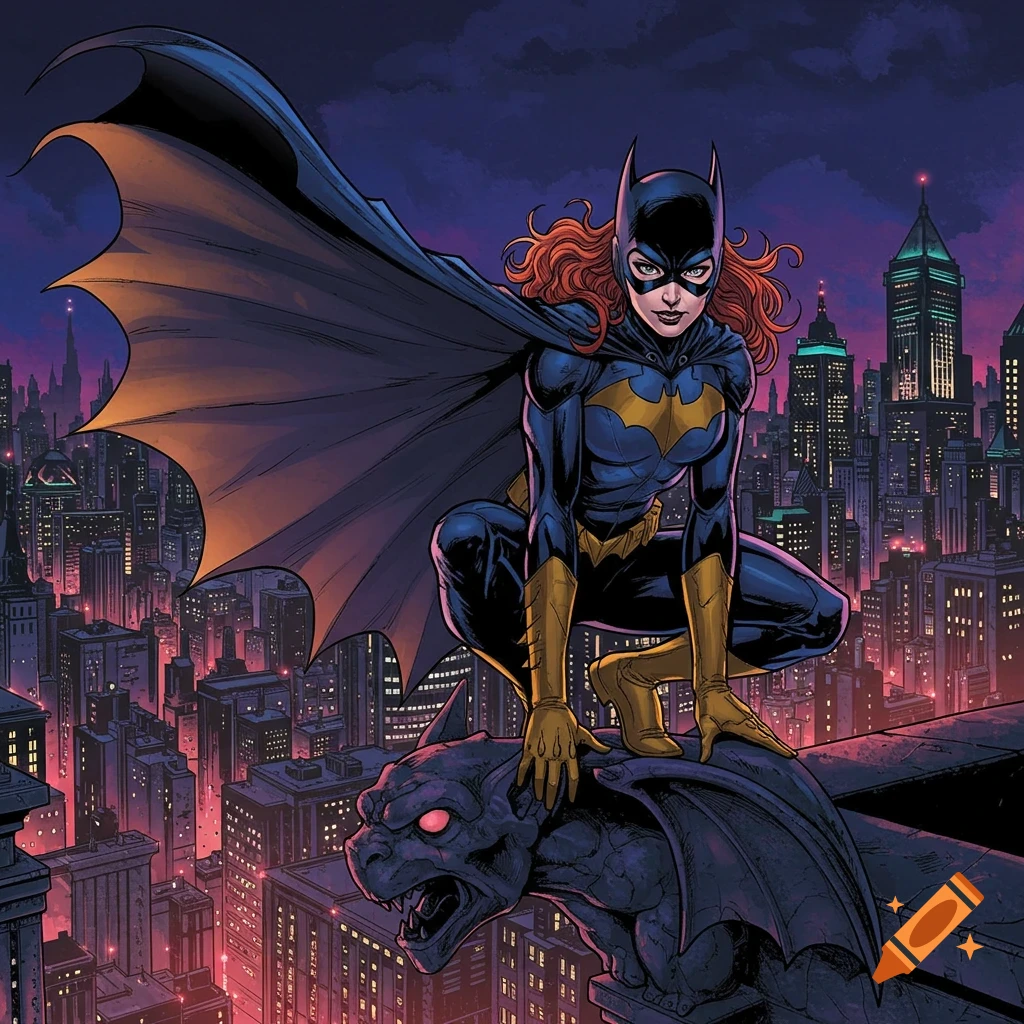 Batgirl perches on a gargoyle overlooking a nighttime city skyline, comic art style