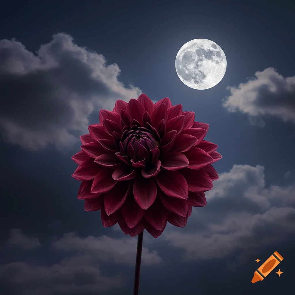 A single red dahlia flower stands against a cloudy night sky with a large full moon.