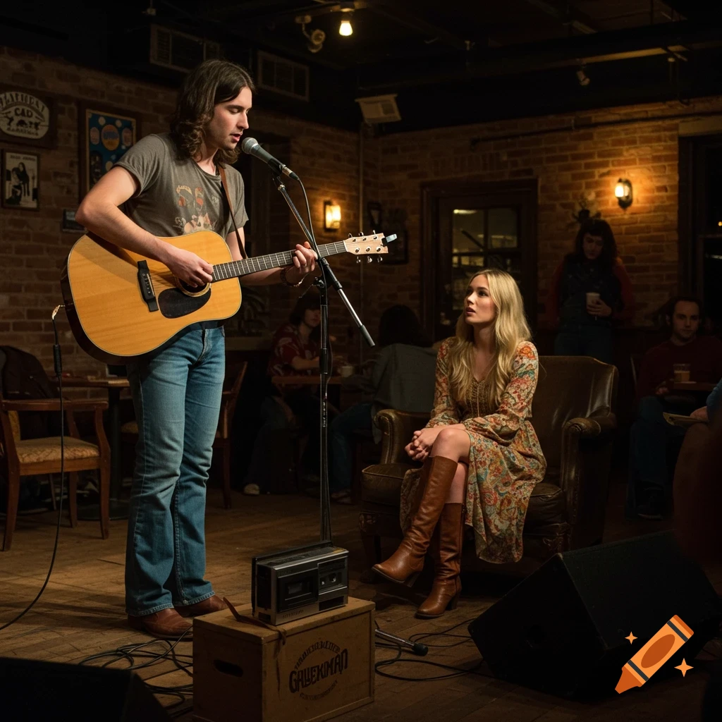 A man plays an acoustic guitar on stage while a woman watches from a chair in a coffee shop.