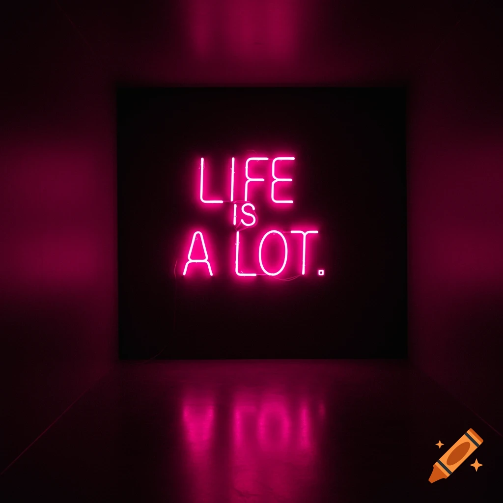 Pink neon sign says 'LIFE IS A LOT.' in a dark room with reflection.