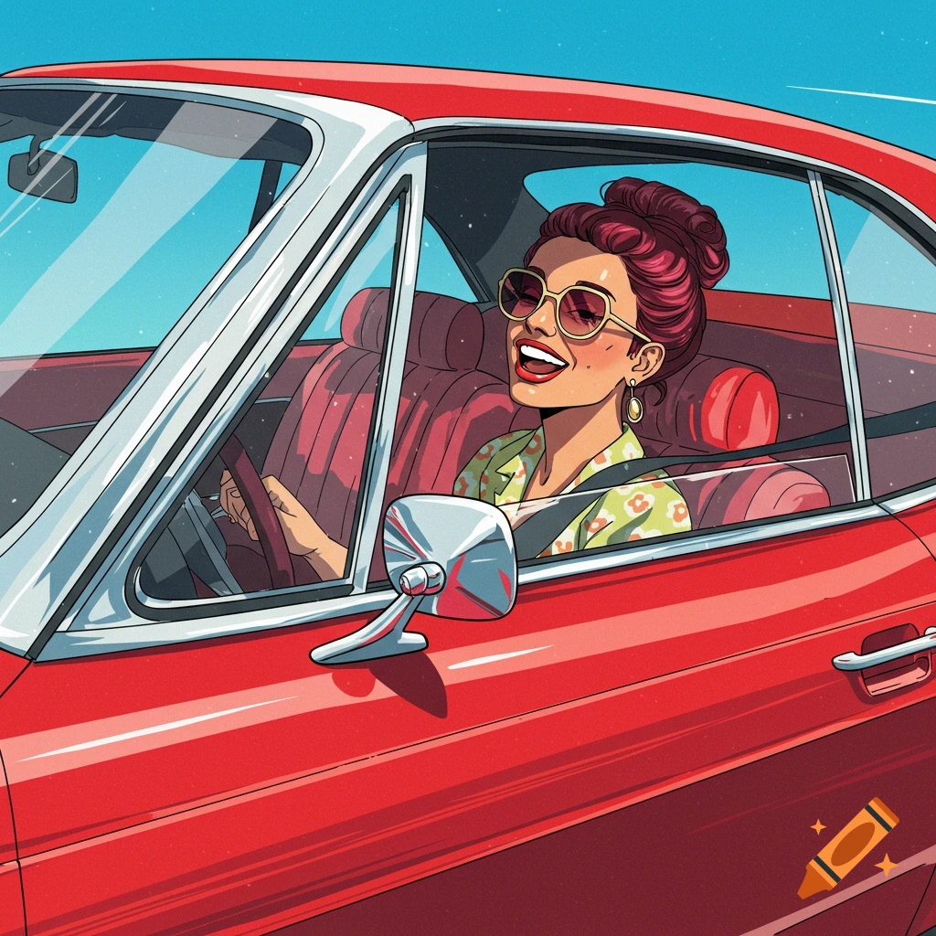 Digital illustration of a woman driving a red vintage car, smiling.