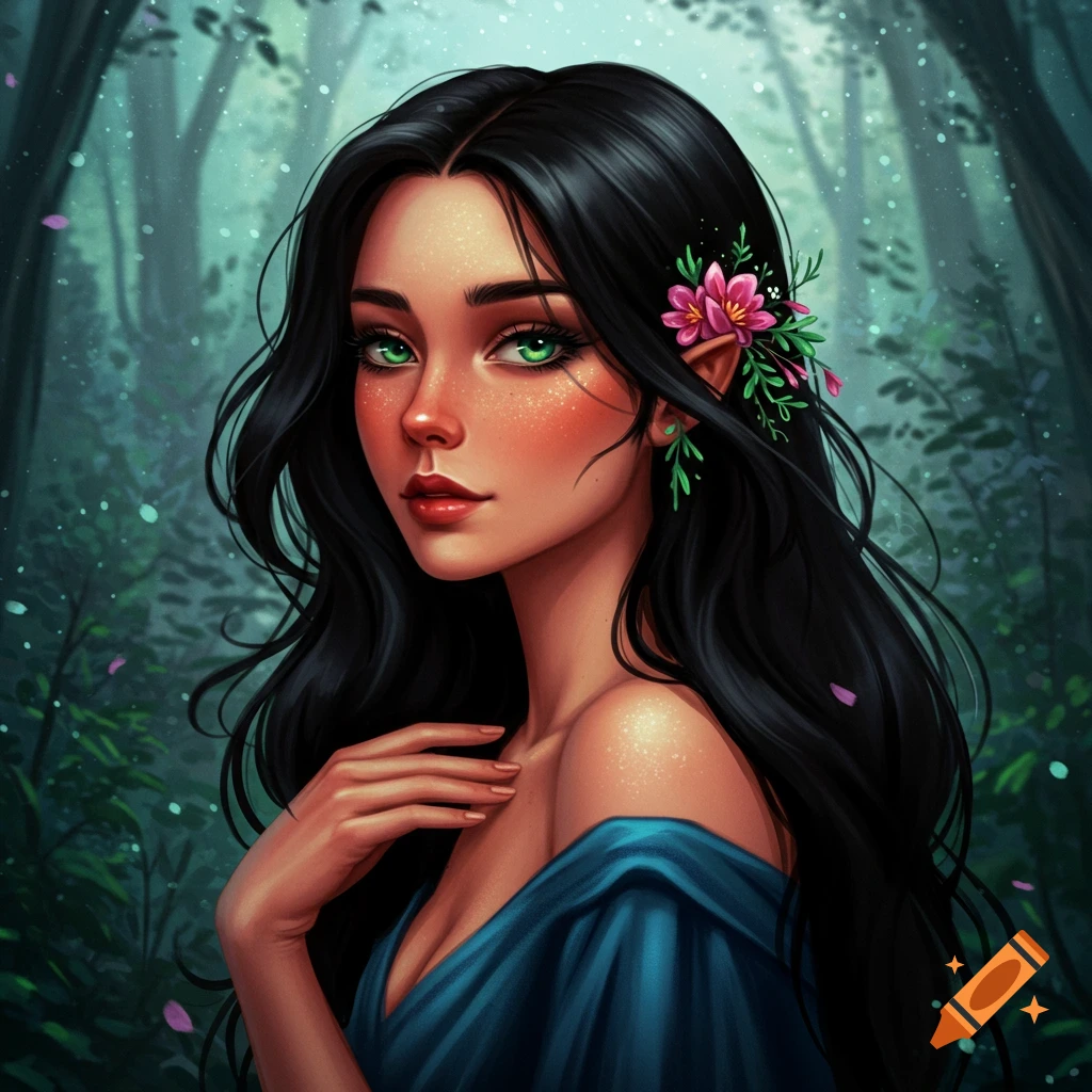 A portrait of a woman with elf ears and flowers in her hair in a forest.