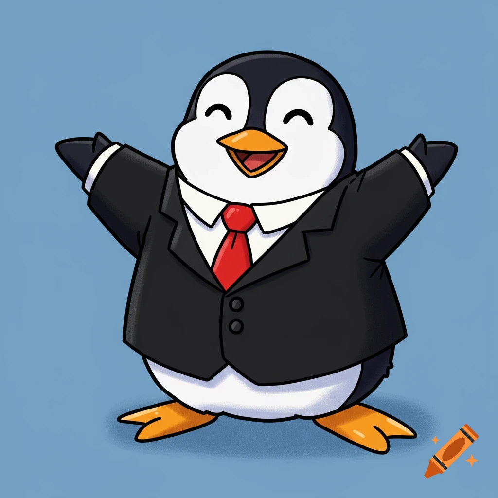 A happy cartoon penguin wearing a suit and red tie with arms outstretched.