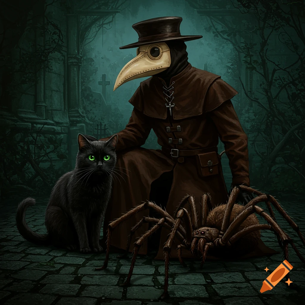 A plague doctor, black cat, and large spider are depicted in a gothic setting.