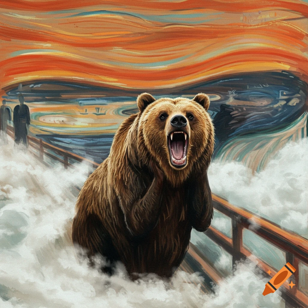 A roaring bear on a bridge in the style of Edvard Munch's The Scream