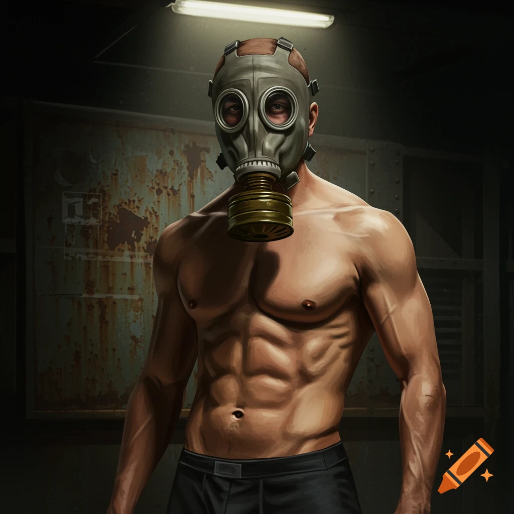 Muscular man in a gas mask in a dark, rusty industrial setting.