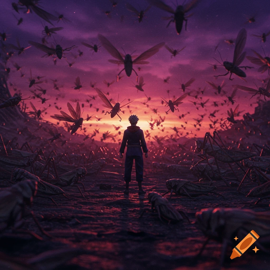 A person stands in a desolate landscape surrounded by a swarm of locusts at sunset. Anime style.