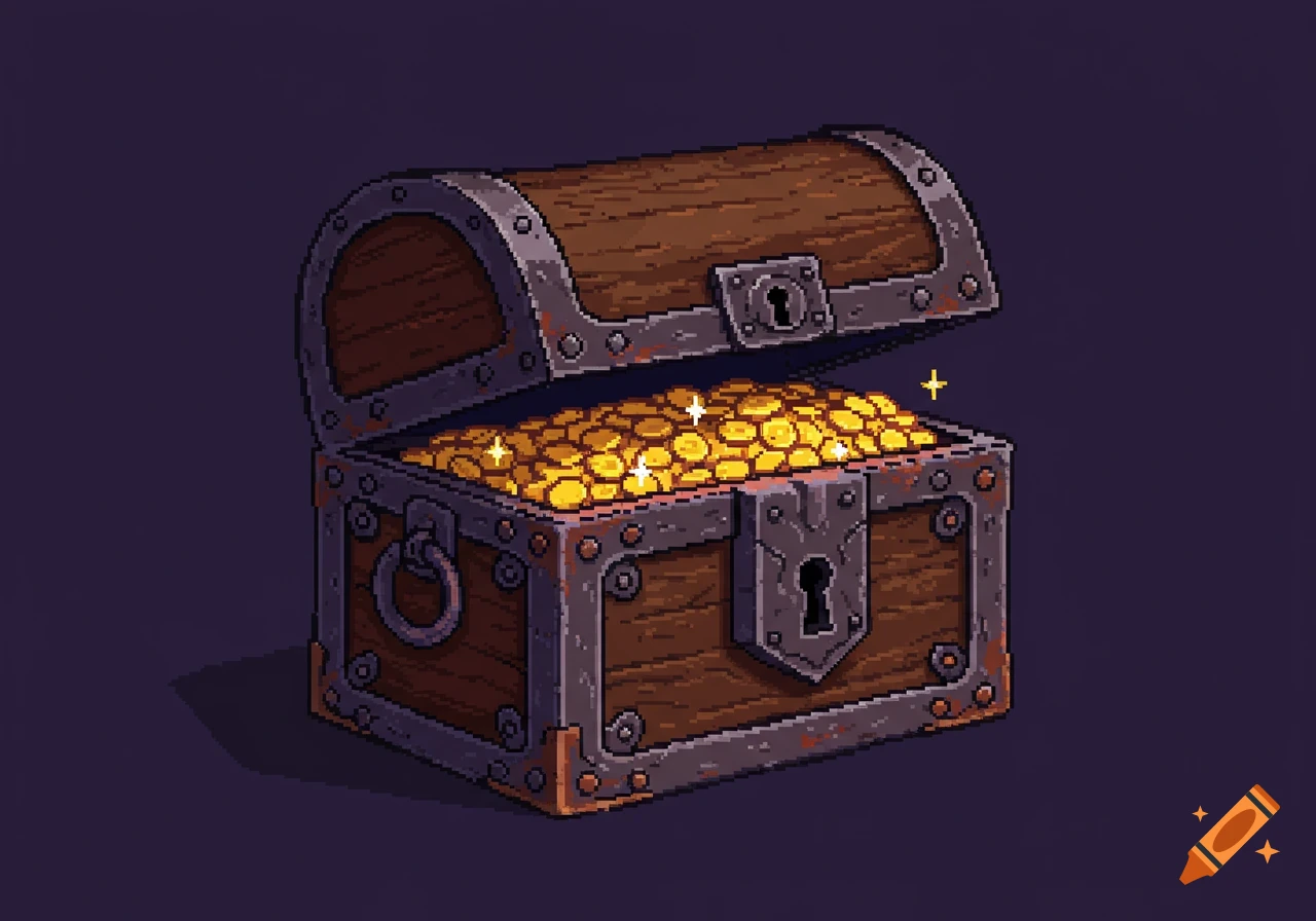 Pixel art treasure chest overflowing with gold coins