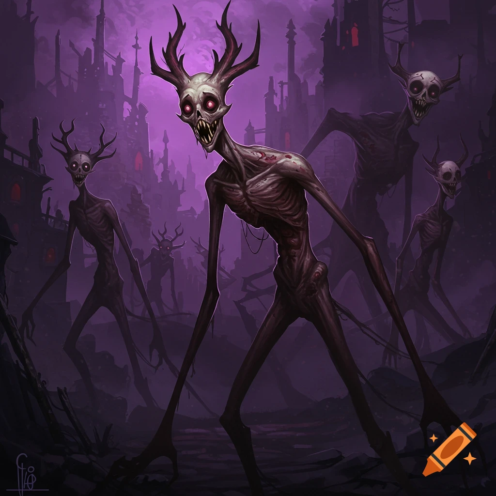Tall, emaciated monsters with antlers and glowing red eyes stand in a dark, decaying city.