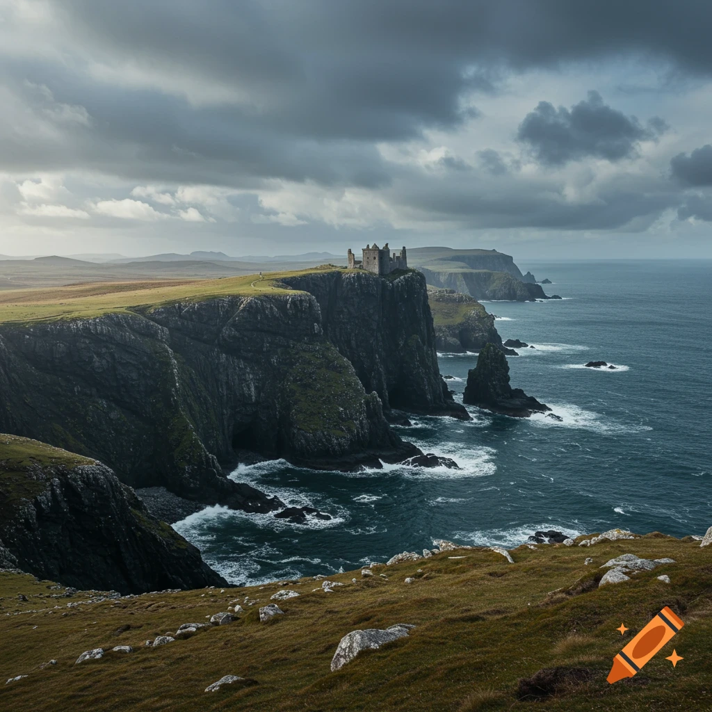 Castle ruin on a dark cliff overlooking the sea under a cloudy sky, photo
