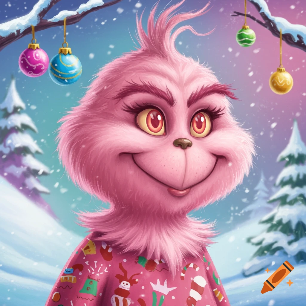 Cute pink cartoon character wearing a Christmas sweater in a snowy scene with ornaments.