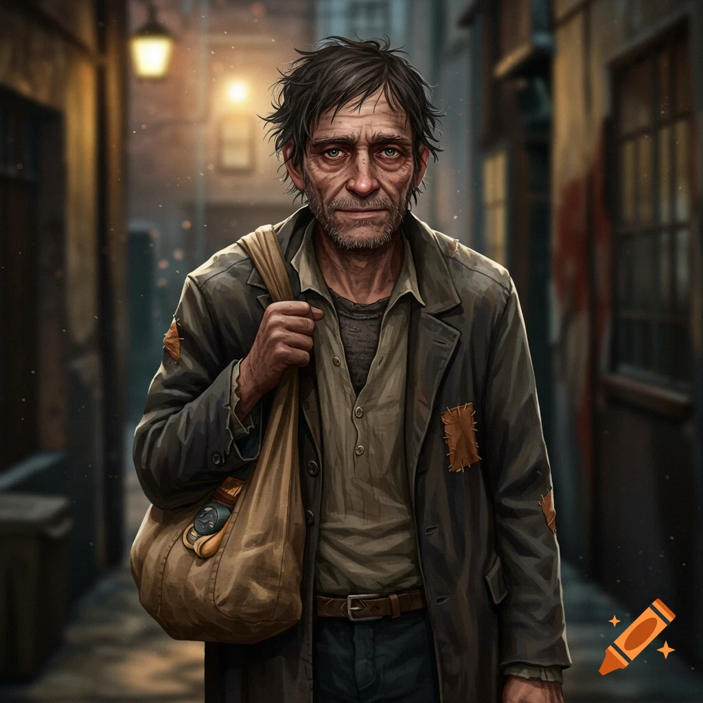 A poor person walking in an alley with a bag over their shoulder.