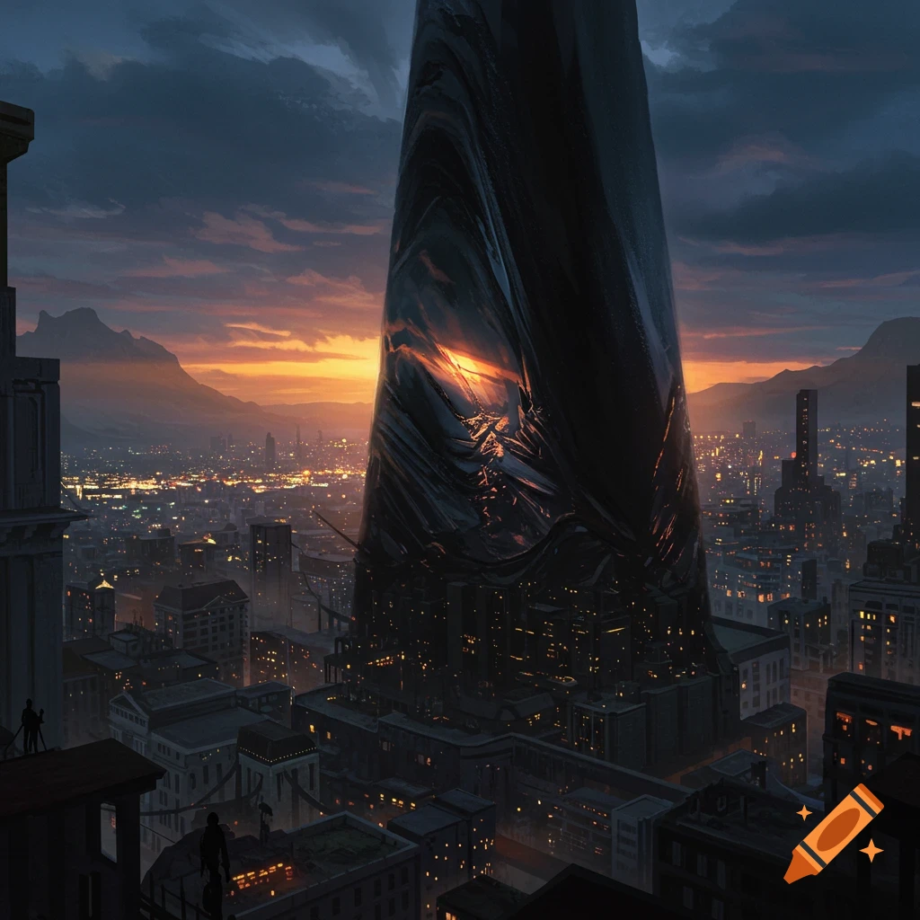 A large, dark obsidian tower stands over a city skyline at sunset.