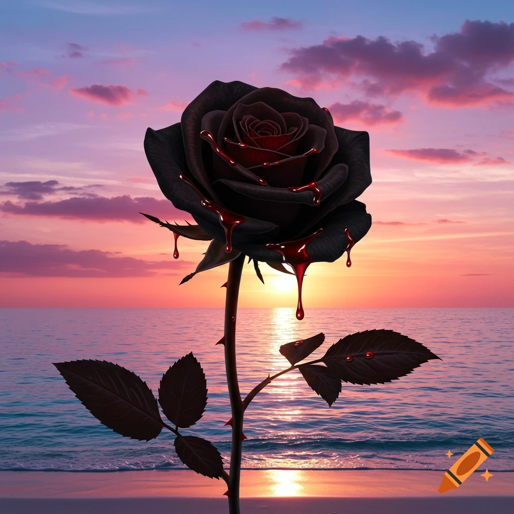 A black rose dripping red liquid on a beach during sunset over the ocean.