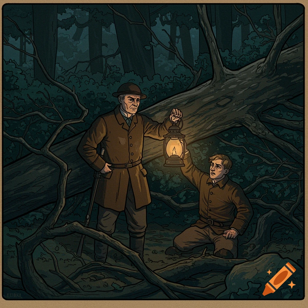 Antique illustration of two men with a lantern in a dark forest by a fallen tree.