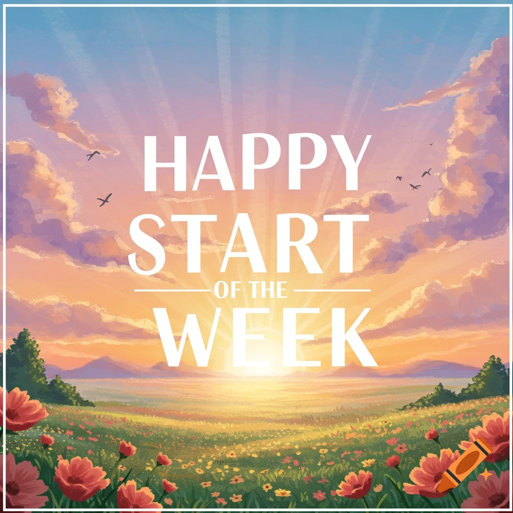 A sunrise over a field of flowers with text 'Happy Start of the Week'.