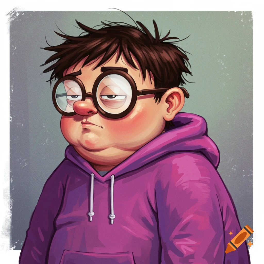 Cartoonish image of a chubby boy with glasses and messy hair wearing a purple hoodie.