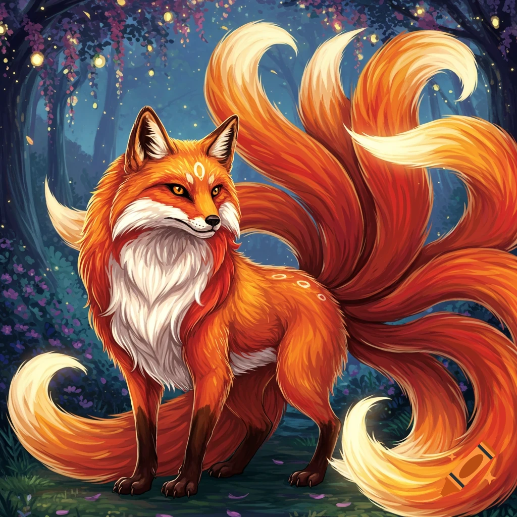 A nine-tailed orange fox stands in a dark forest illuminated by glowing lights.
